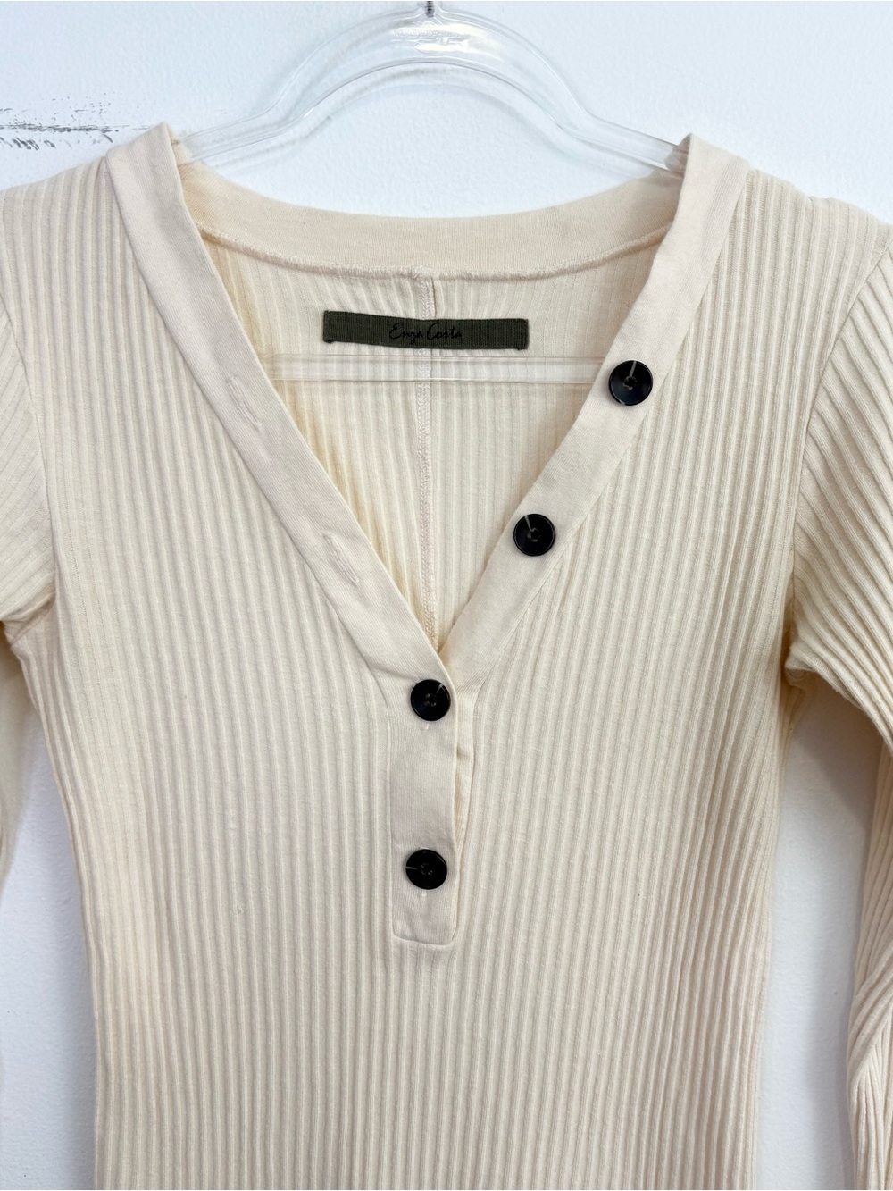 Enza Costa Ribbed Henley Top M Ivory Cotton Blend - Picture 3 of 6